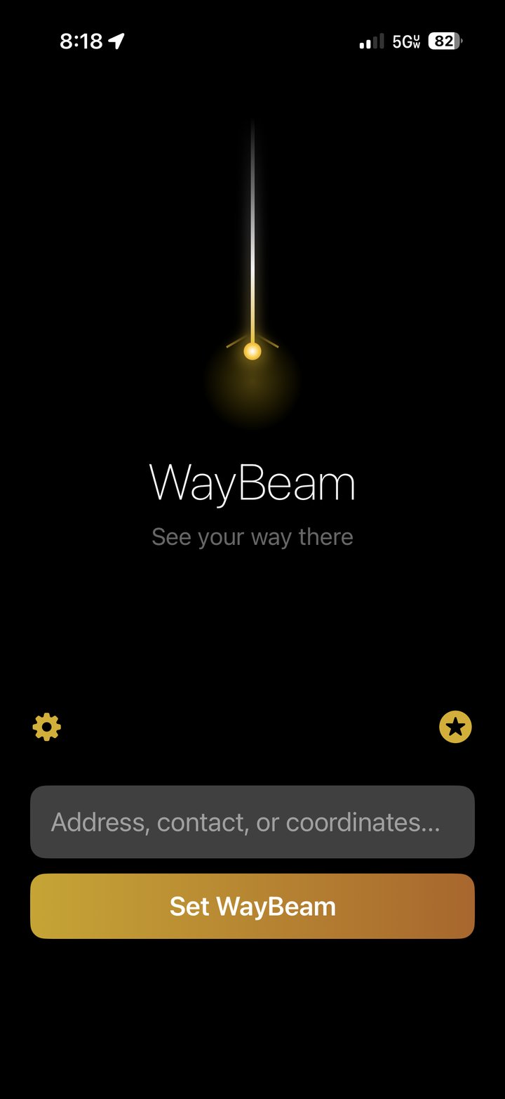 WayBeam's home screen: a glowing gold beacon above the wordmark, and an input field reading 'Address, contact, or coordinates…'